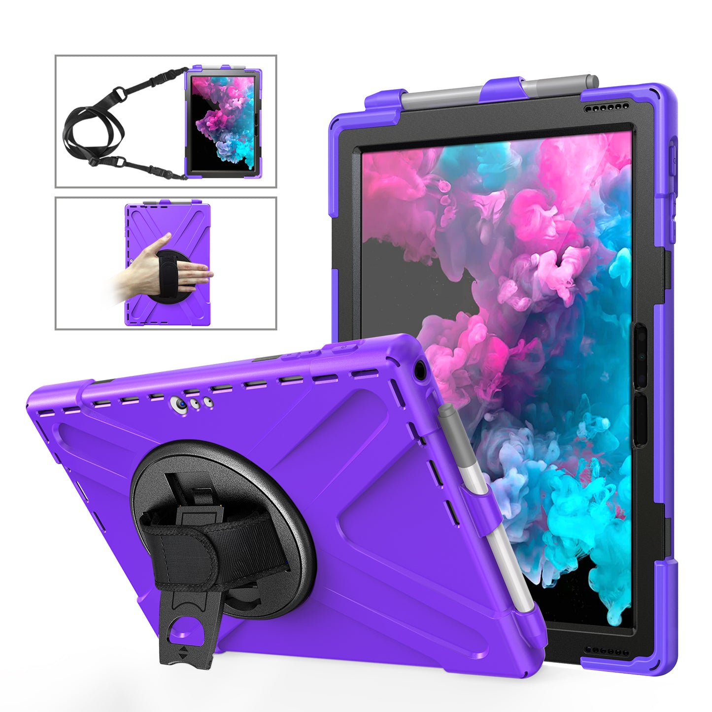 For Microsoft Surface Pro 7 6 5 4 [X-Shape] PC + TPU Combo Case / 360 Degree Swivel Kickstand / Hand Strap and Shoulder Strap