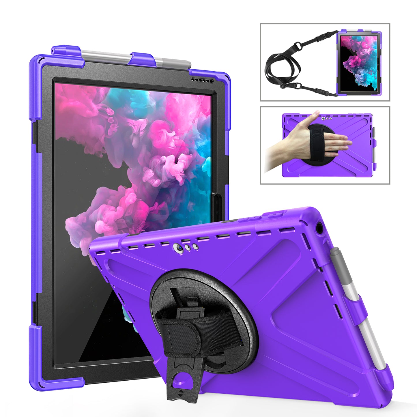 For Microsoft Surface Pro 7 6 5 4 [X-Shape] PC + TPU Combo Case / 360 Degree Swivel Kickstand / Hand Strap and Shoulder Strap