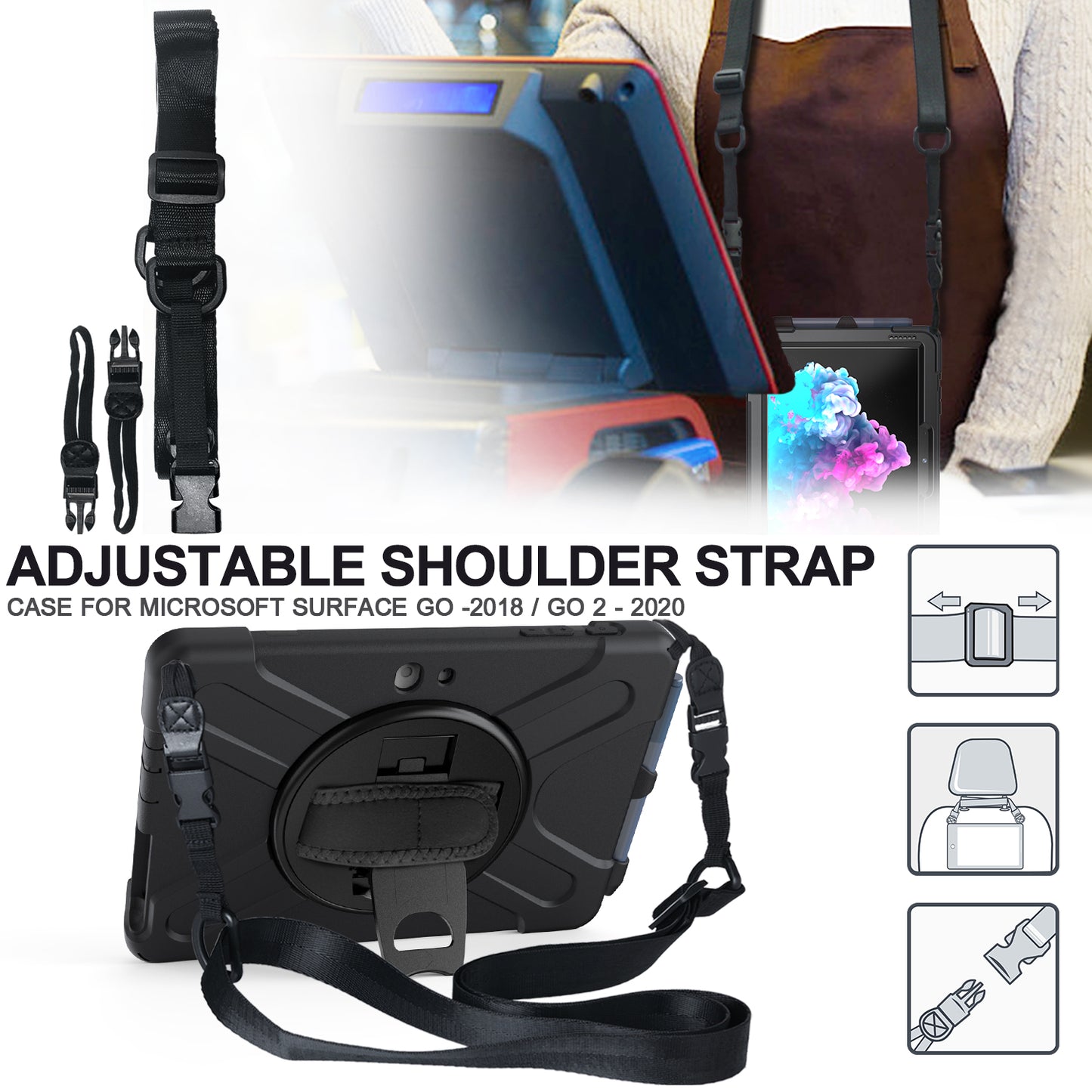 [Built-in Hand Holder Strap] 360Â° Swivel PC + Silicone Combo Kickstand Tablet Shell with Shoulder Strap for Microsoft Surface Go/Go 2/Go 3