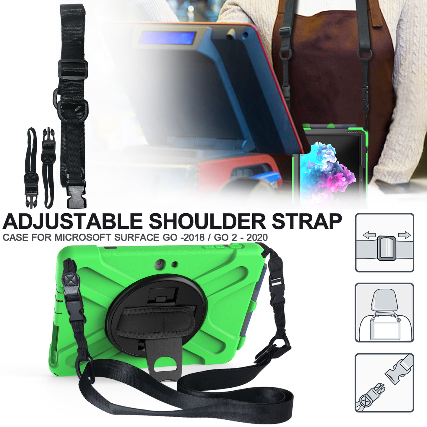 [Built-in Hand Holder Strap] 360Â° Swivel PC + Silicone Combo Kickstand Tablet Shell with Shoulder Strap for Microsoft Surface Go/Go 2/Go 3