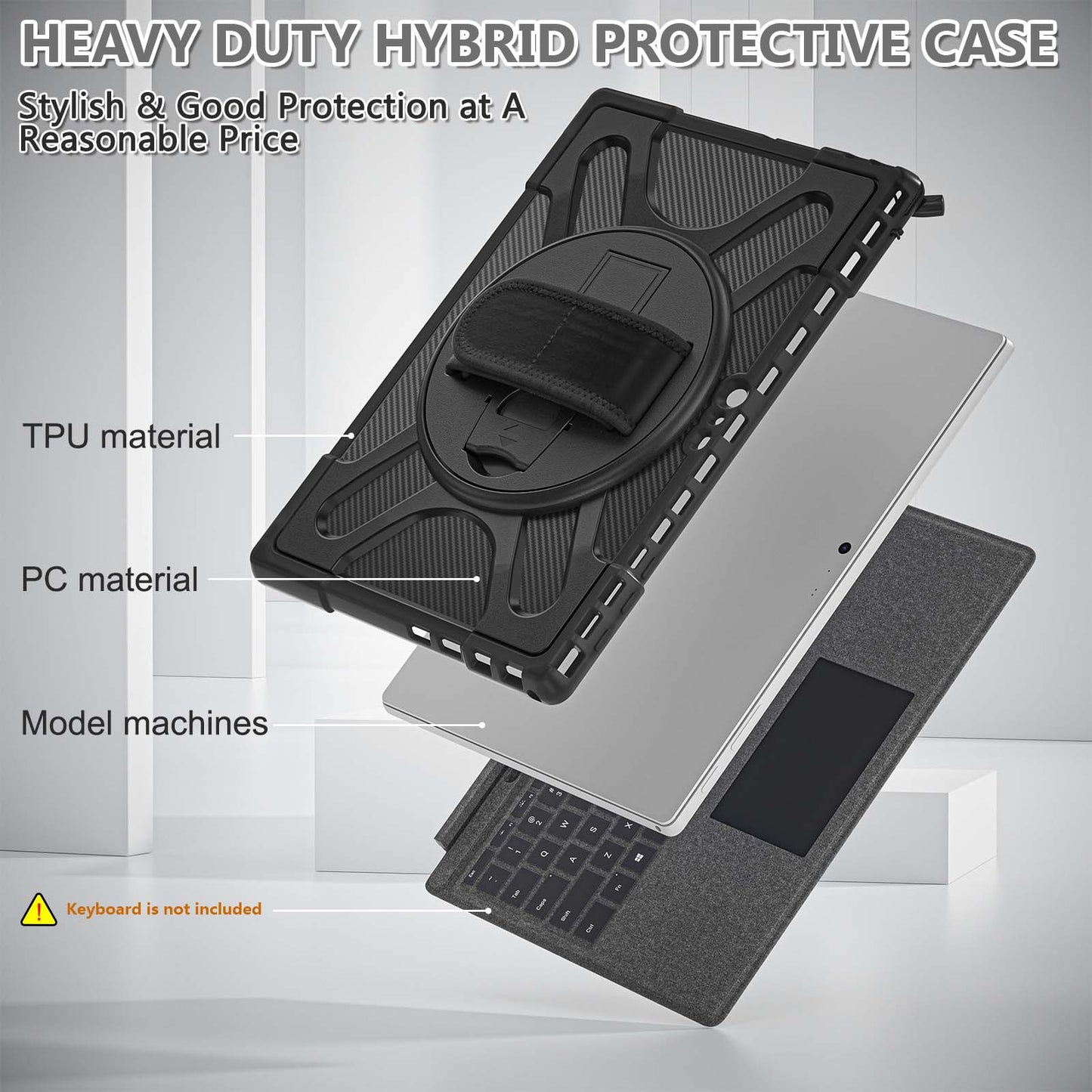 For Microsoft Surface Pro 4/5/6/7/7+ Kickstand Tablet Case Hybrid 2-in-1 Hard PC + TPU Dual Layer Shockproof Cover with Hand Strap