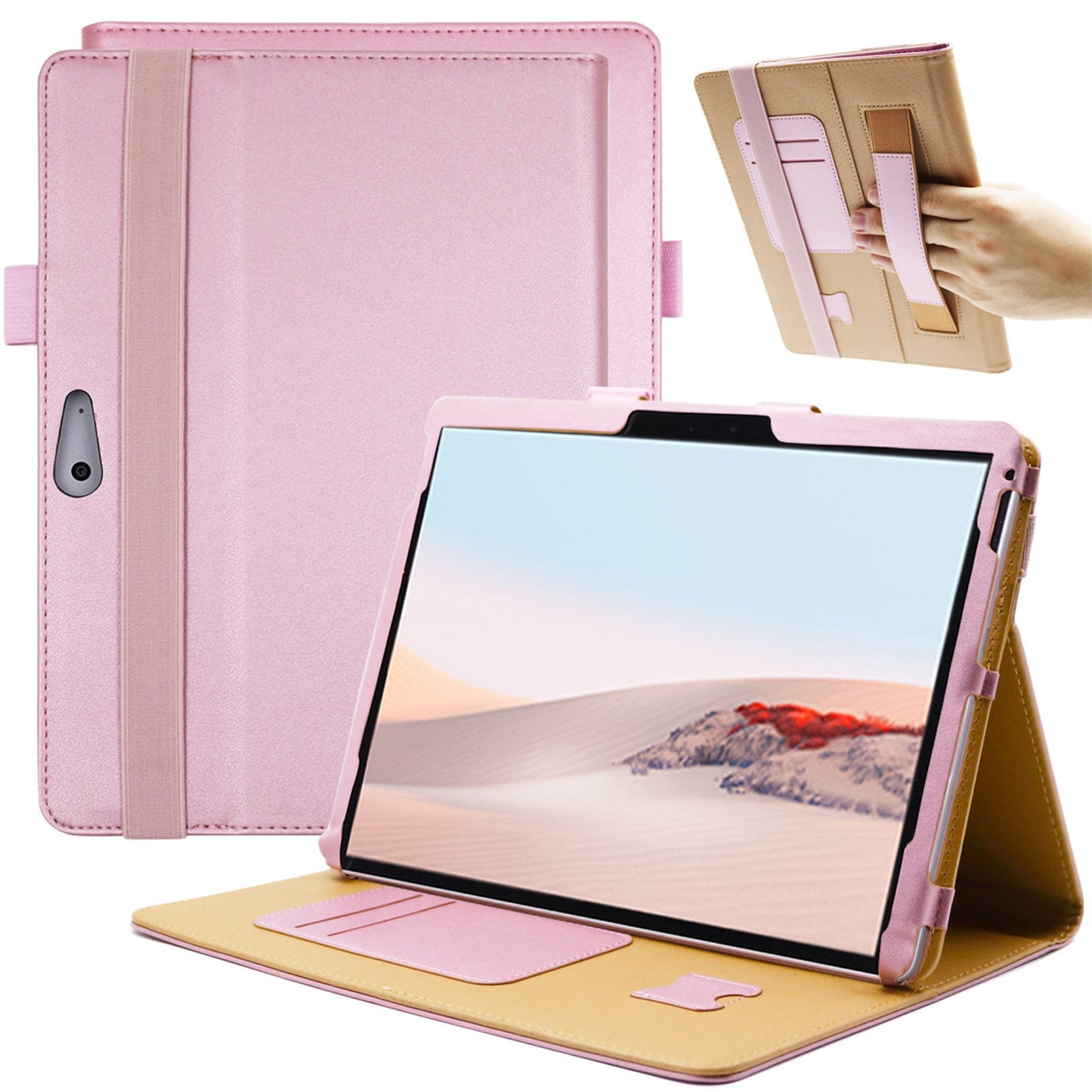 For Microsoft Surface Go 2/3 PU Leather Folio Cover Full Body Protection Card Slots Hand Band Viewing Stand Shell with Pencil Holder