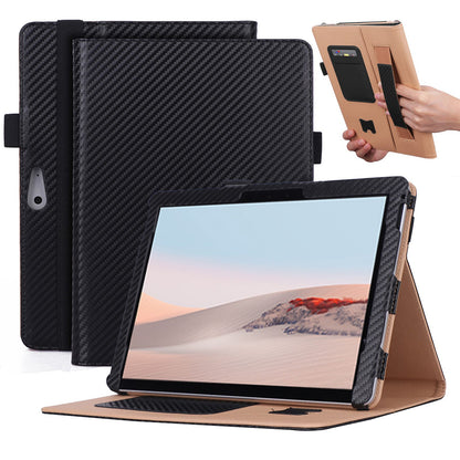 For Microsoft Surface Go 2/3 Carbon Fiber Texture PU Leather Folding Stand Case Card Slots Design Tablet Shell Cover with Hand Band and Pencil Holder