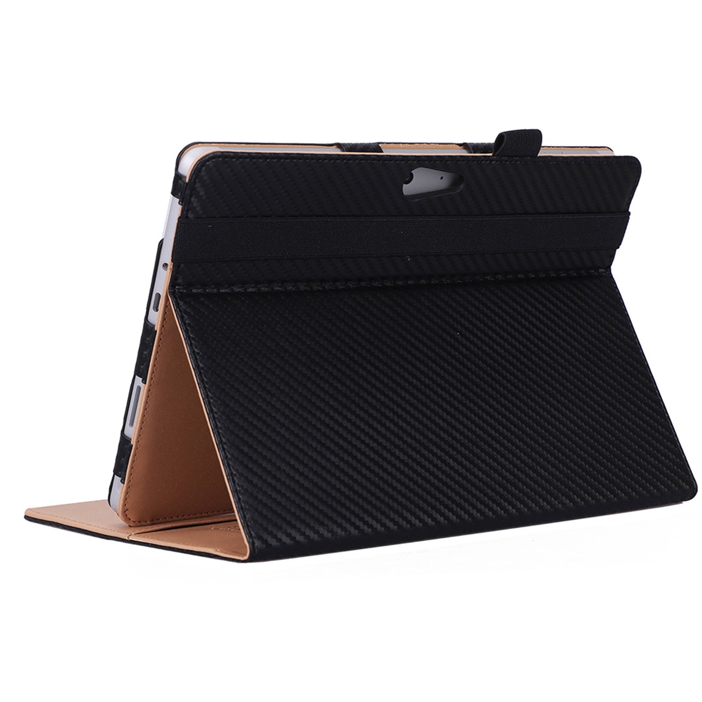 For Microsoft Surface Go 2/3 Carbon Fiber Texture PU Leather Folding Stand Case Card Slots Design Tablet Shell Cover with Hand Band and Pencil Holder