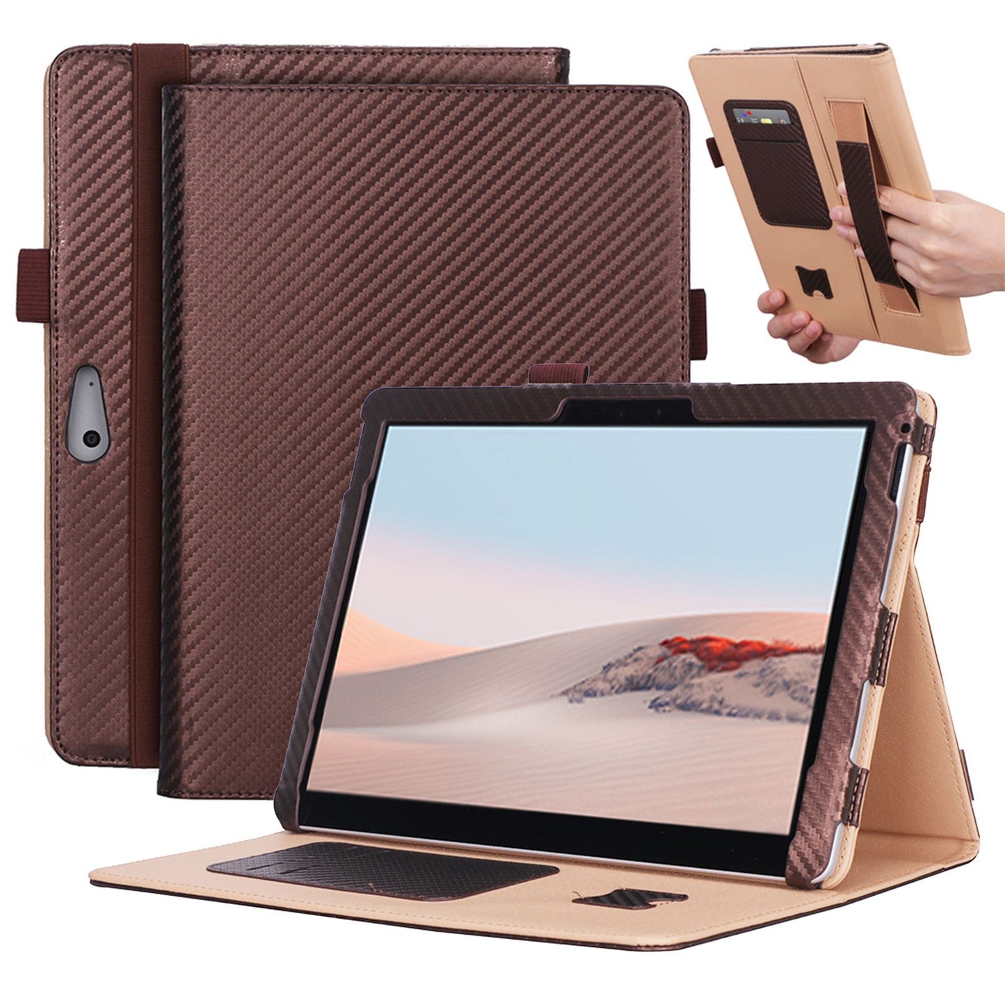 For Microsoft Surface Go 2/3 Carbon Fiber Texture PU Leather Folding Stand Case Card Slots Design Tablet Shell Cover with Hand Band and Pencil Holder