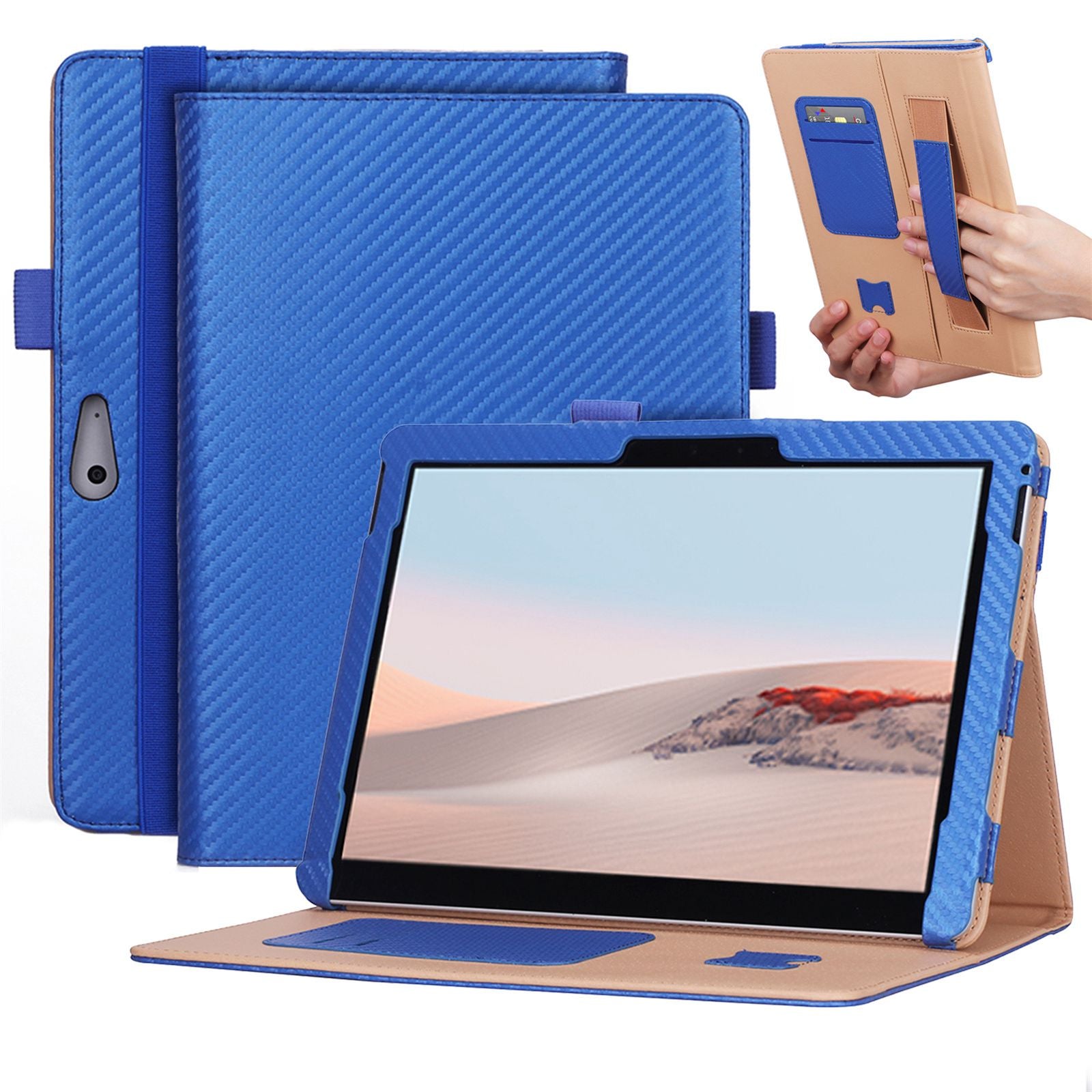 For Microsoft Surface Go 2/3 Carbon Fiber Texture PU Leather Folding Stand Case Card Slots Design Tablet Shell Cover with Hand Band and Pencil Holder