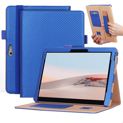 For Microsoft Surface Go 2/3 Carbon Fiber Texture PU Leather Folding Stand Case Card Slots Design Tablet Shell Cover with Hand Band and Pencil Holder