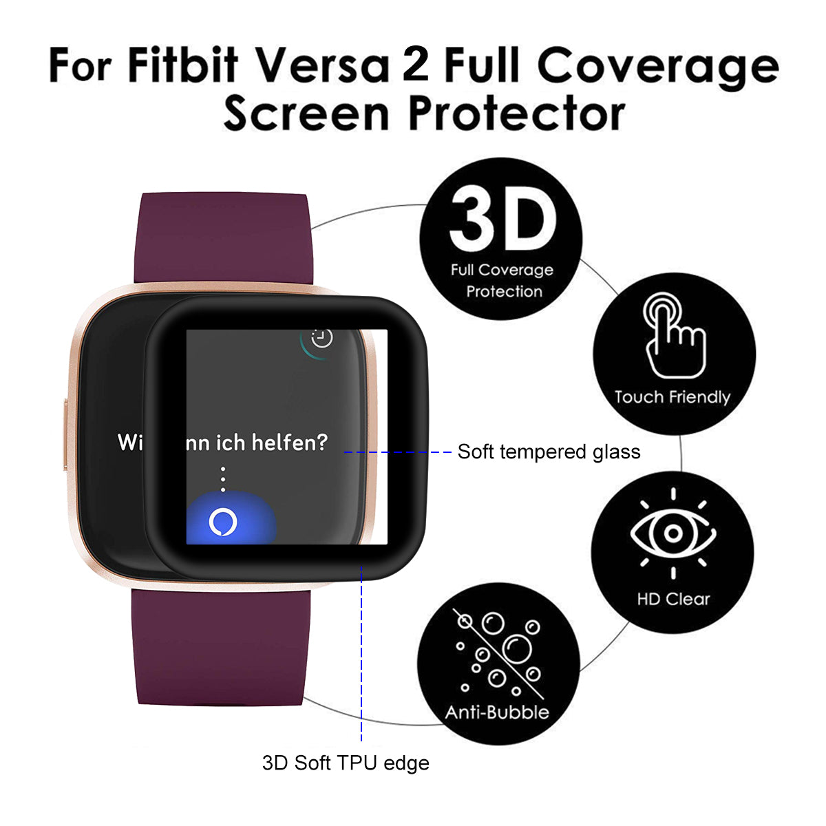 HAT PRINCE Full Coverage TPU Edge + PMMA Glass Screen Protector for Fitbit Versa 2 (2019)