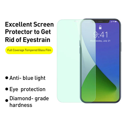 2PCS/Set BASEUS 0.3mm Full-screen Tempered Glass Protector Film  (Green Light) [Secondary Hardening] for iPhone 12 Pro Max 6.7 inch