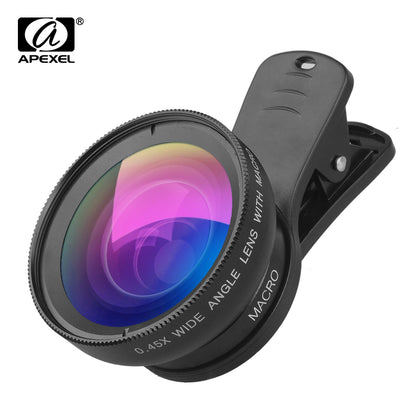 APEXEL 0.45x Universal Super Wide Angle 12.5x Macro SLR Effect External Camera Phone Lens