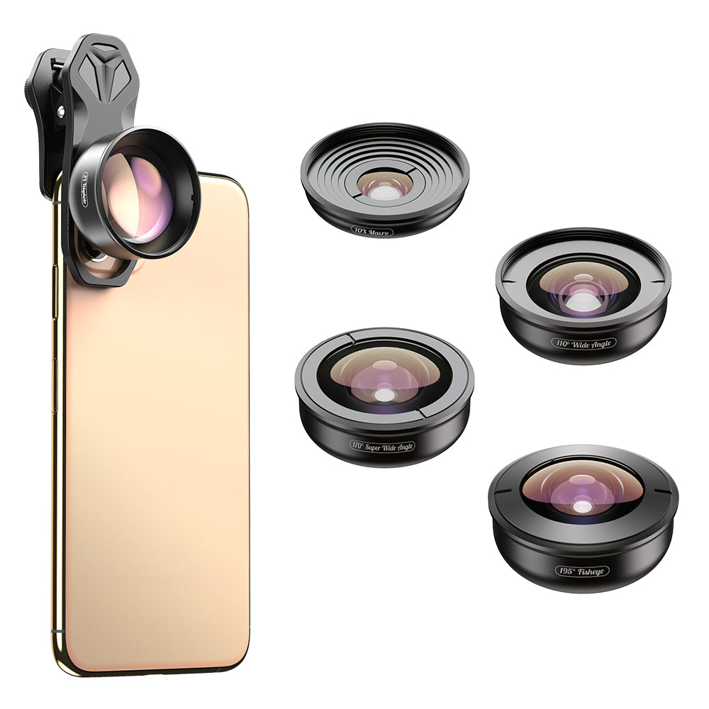 APEXEL 5 in 1 Cellphone Lens Kit 195° Fisheye Lens 110° Wide Angle Lens 10X Macro Lens 2X Telephoto Lens 170° Super Wide Angle Lens (APL-HB5IN1)