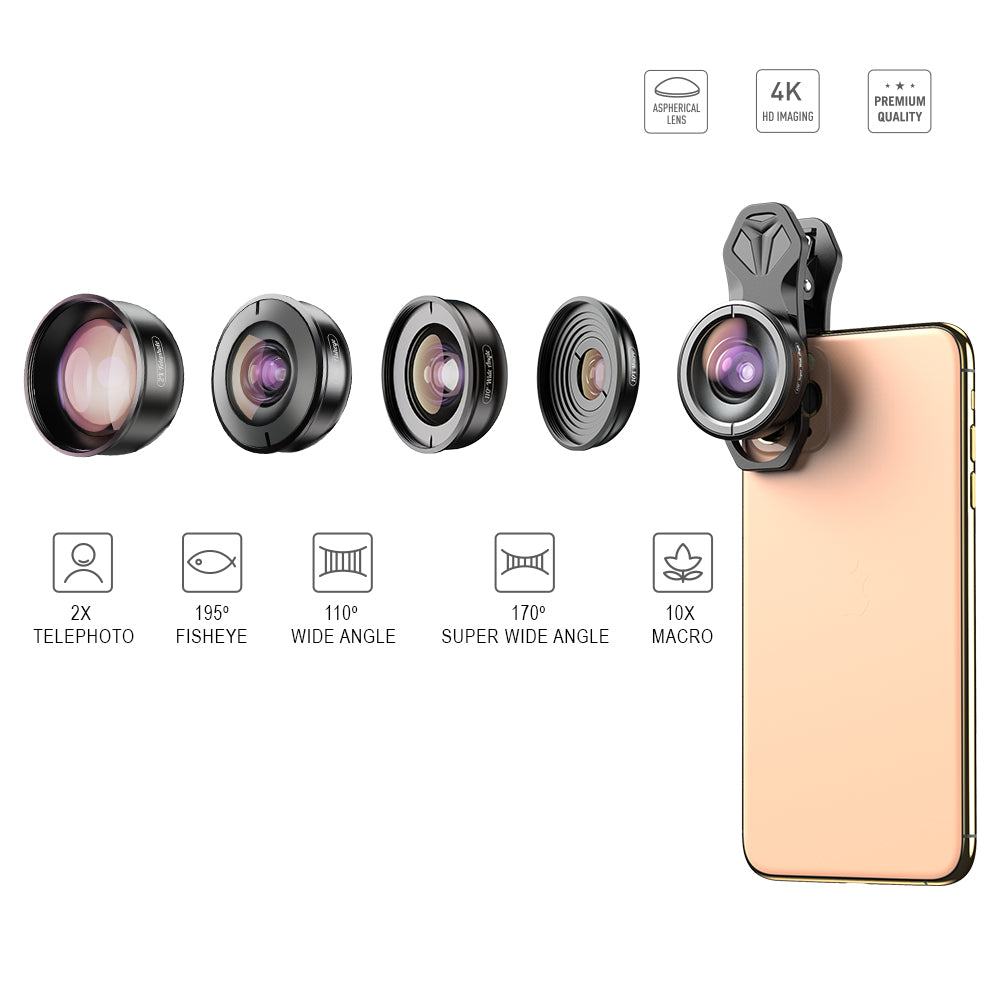 APEXEL 5 in 1 Cellphone Lens Kit 195Â° Fisheye Lens 110Â° Wide Angle Lens 10X Macro Lens 2X Telephoto Lens 170Â° Super Wide Angle Lens (APL-HB5IN1)