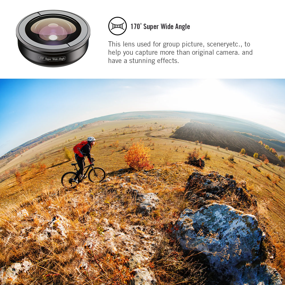 APEXEL 5 in 1 Cellphone Lens Kit 195Â° Fisheye Lens 110Â° Wide Angle Lens 10X Macro Lens 2X Telephoto Lens 170Â° Super Wide Angle Lens (APL-HB5IN1)