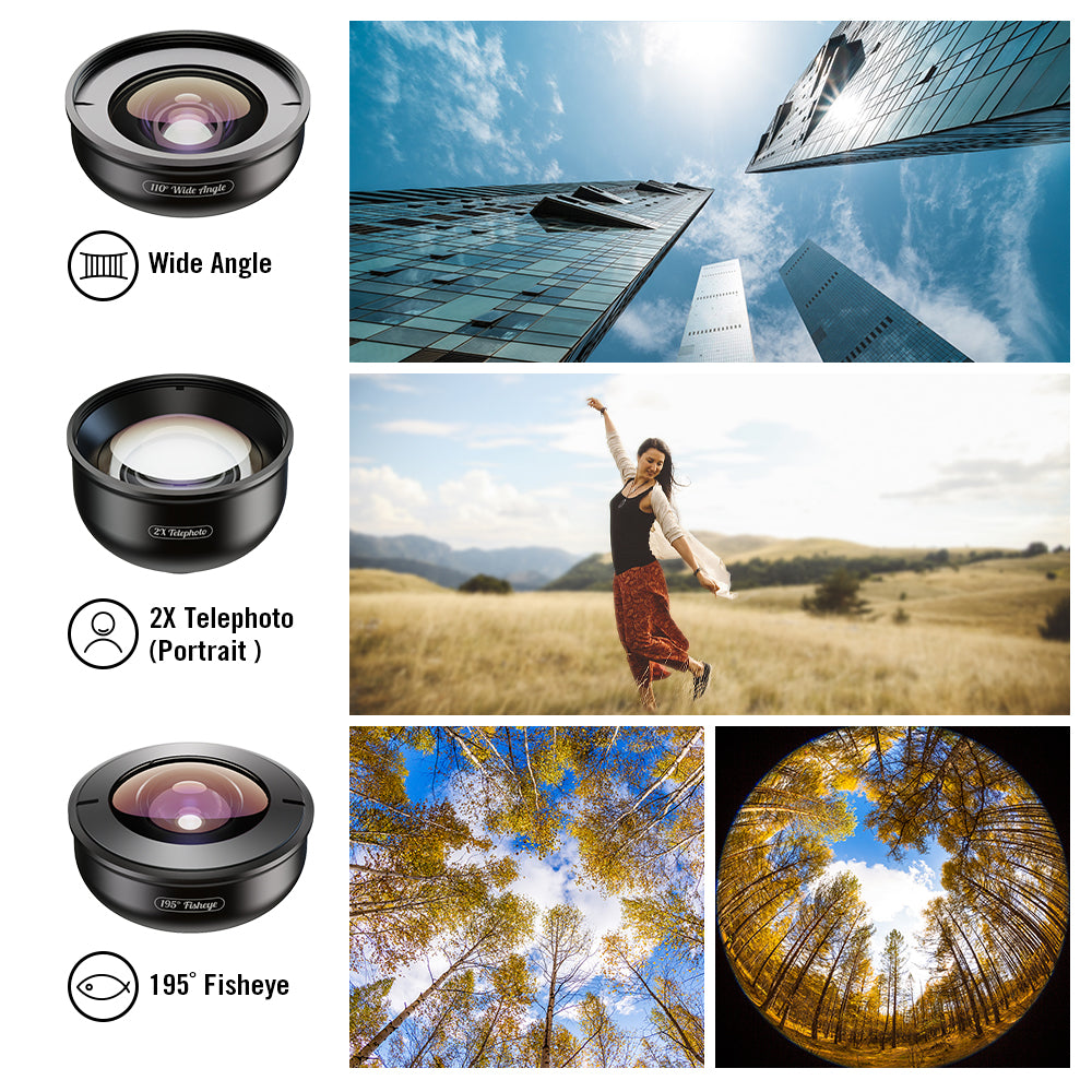 APEXEL 5 in 1 Cellphone Lens Kit 195Â° Fisheye Lens 110Â° Wide Angle Lens 10X Macro Lens 2X Telephoto Lens 170Â° Super Wide Angle Lens (APL-HB5IN1)