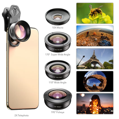 APEXEL 5 in 1 Cellphone Lens Kit 195Â° Fisheye Lens 110Â° Wide Angle Lens 10X Macro Lens 2X Telephoto Lens 170Â° Super Wide Angle Lens (APL-HB5IN1)