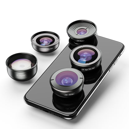 APEXEL 5 in 1 Cellphone Lens Kit 195Â° Fisheye Lens 110Â° Wide Angle Lens 10X Macro Lens 2X Telephoto Lens 170Â° Super Wide Angle Lens (APL-HB5IN1)