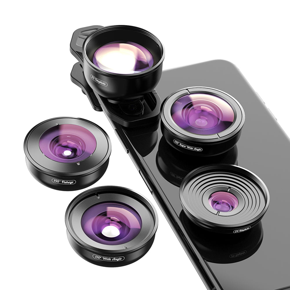 APEXEL 5 in 1 Cellphone Lens Kit 195Â° Fisheye Lens 110Â° Wide Angle Lens 10X Macro Lens 2X Telephoto Lens 170Â° Super Wide Angle Lens (APL-HB5IN1)