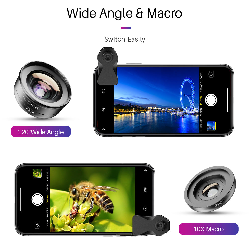 APEXEL APL-HB2IN1WM Phone Lens 2 in 1 Clip-on 10X Macro Lens + 120Â° Wide Angle Lens Kit