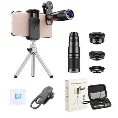 APEXEL Phone Camera Lens Kit, 22X Telephoto Lens + 120Â° Wide Angle Lens + 25X Macro Lens + 205Â° Fish Eye Lens