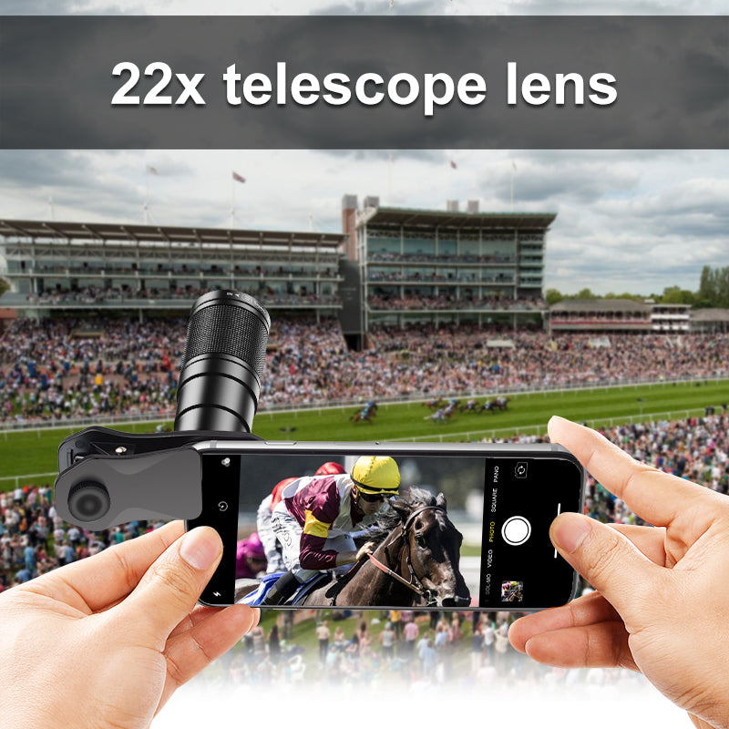 APEXEL Phone Camera Lens Kit, 22X Telephoto Lens + 120Â° Wide Angle Lens + 25X Macro Lens + 205Â° Fish Eye Lens