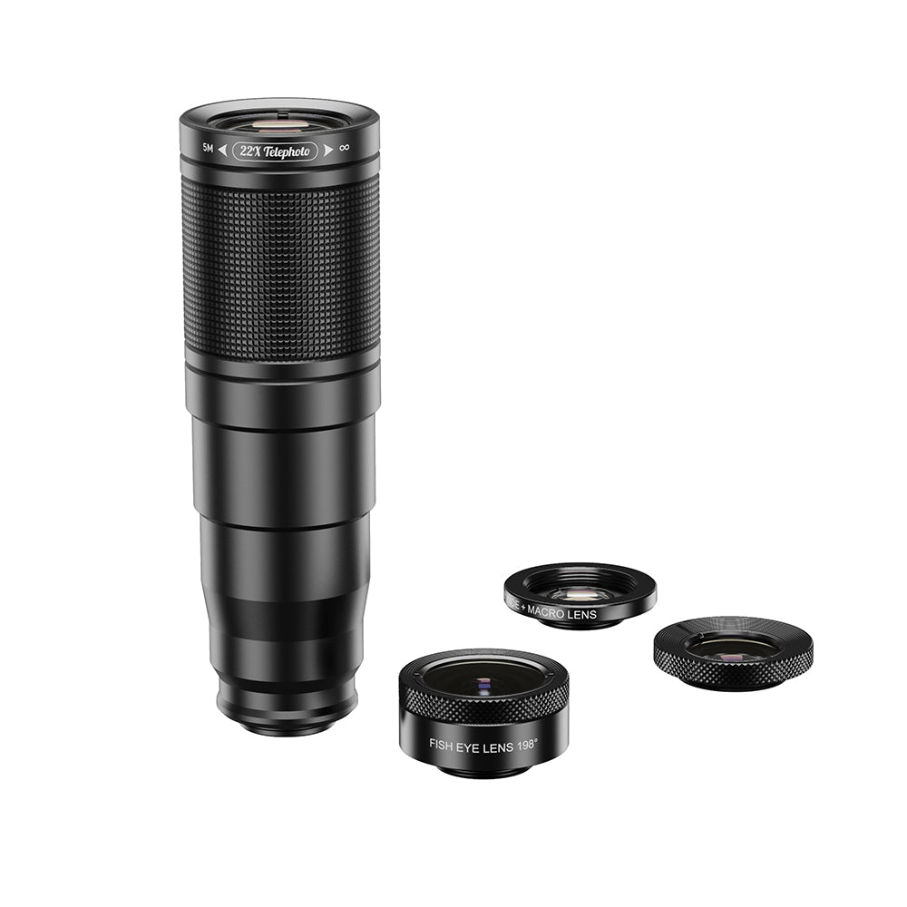 APEXEL Phone Camera Lens Kit, 22X Telephoto Lens + 120Â° Wide Angle Lens + 25X Macro Lens + 205Â° Fish Eye Lens