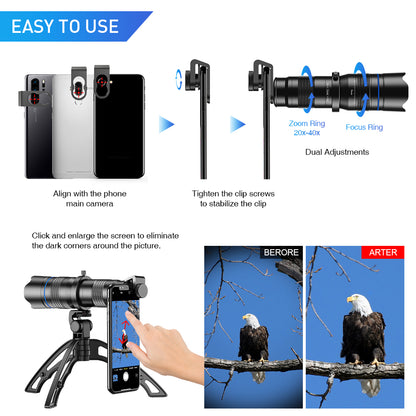 APEXEL HD Metal 20-40x Zoom Telescope Telephoto Lens Monocular Phone Camera Lens for iPhone Samsung Huawei