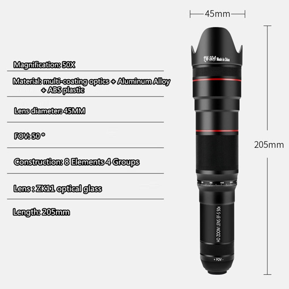 50X Optical Zoom HD Monocular Telephoto Telescope Mobile Phone Camera Lens with Tripod