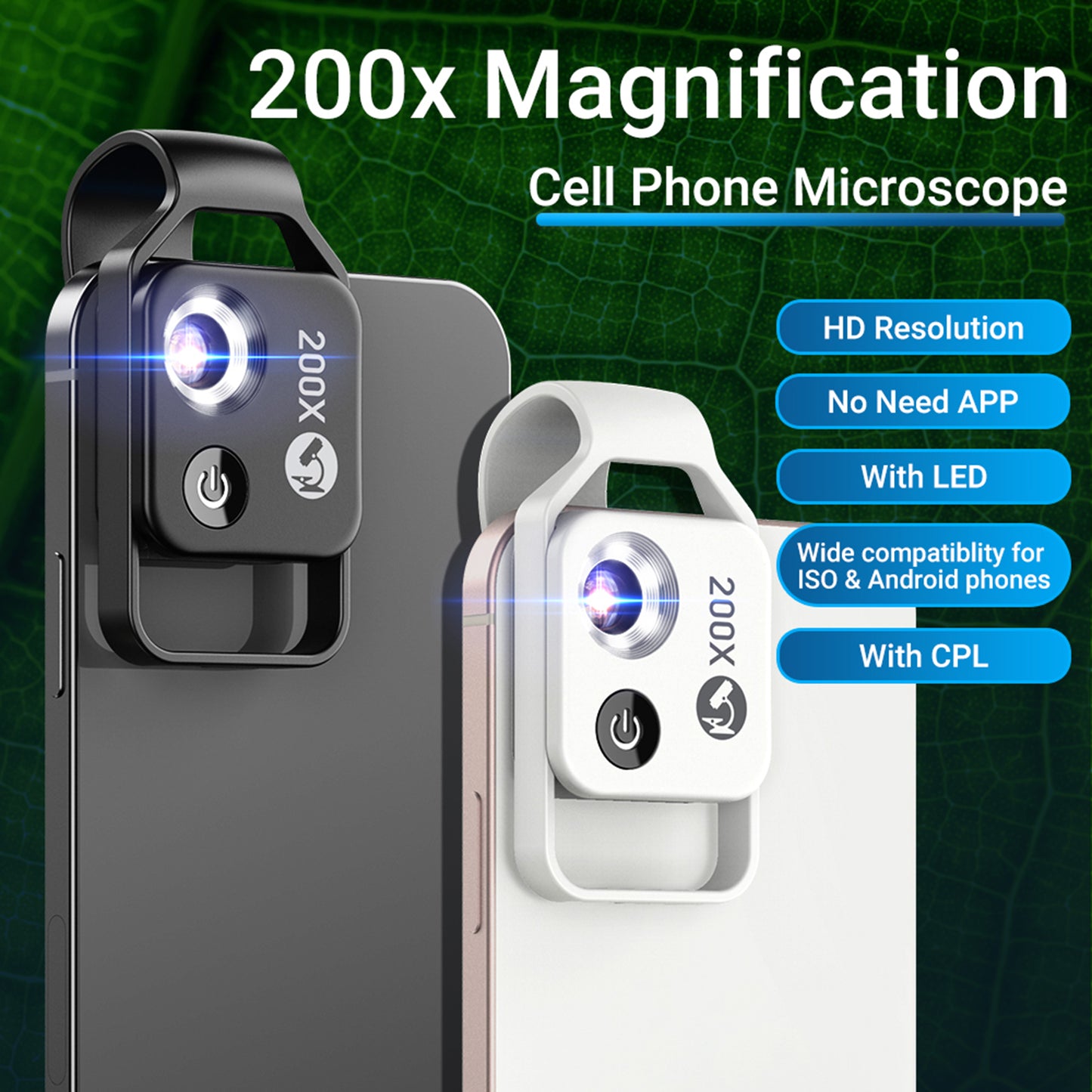 APEXEL APL-MS002CWH 200X Mobile Phone HD CPL Macro Lens Microscope with LED Light