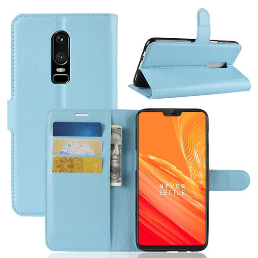 Litchi Skin Leather Stand Cover with Card Slots for OnePlus 6 Cell Phone Case Shell