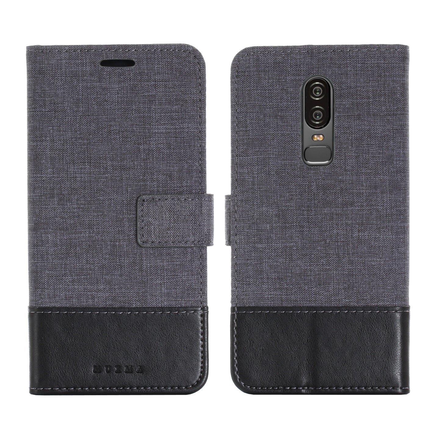 MUXMA PU Leather Canvas Splicing Wallet Stand Case for OnePlus 6