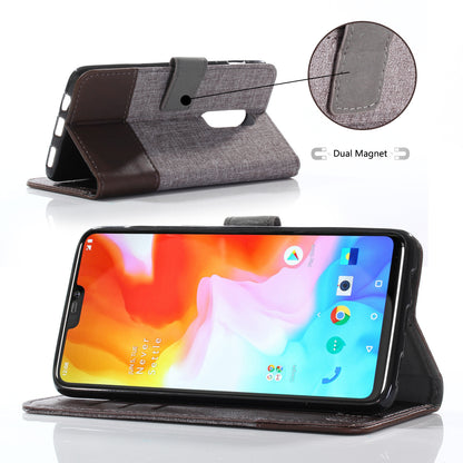 MUXMA PU Leather Canvas Splicing Wallet Stand Case for OnePlus 6