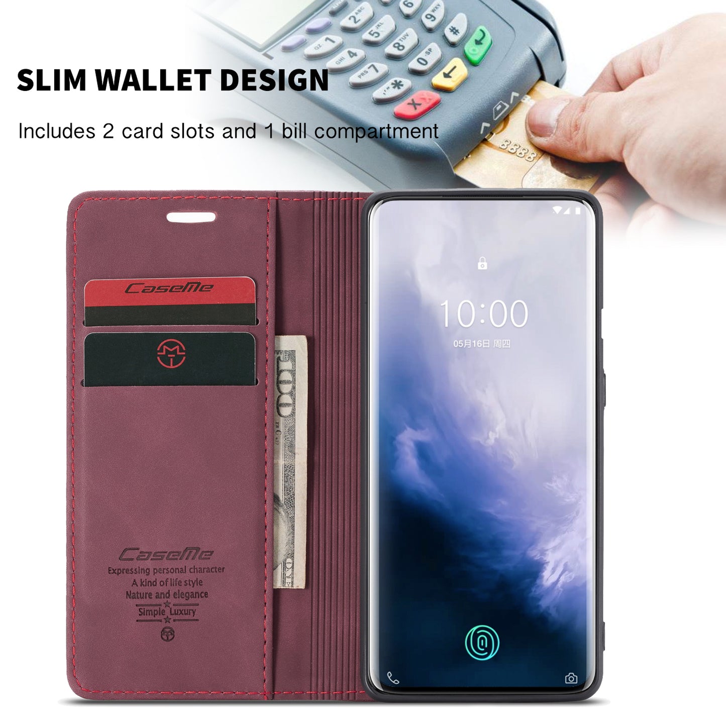 CASEME 013 Series for OnePlus 7 Pro Auto-absorbed Wallet Stand PU Leather Phone Cover