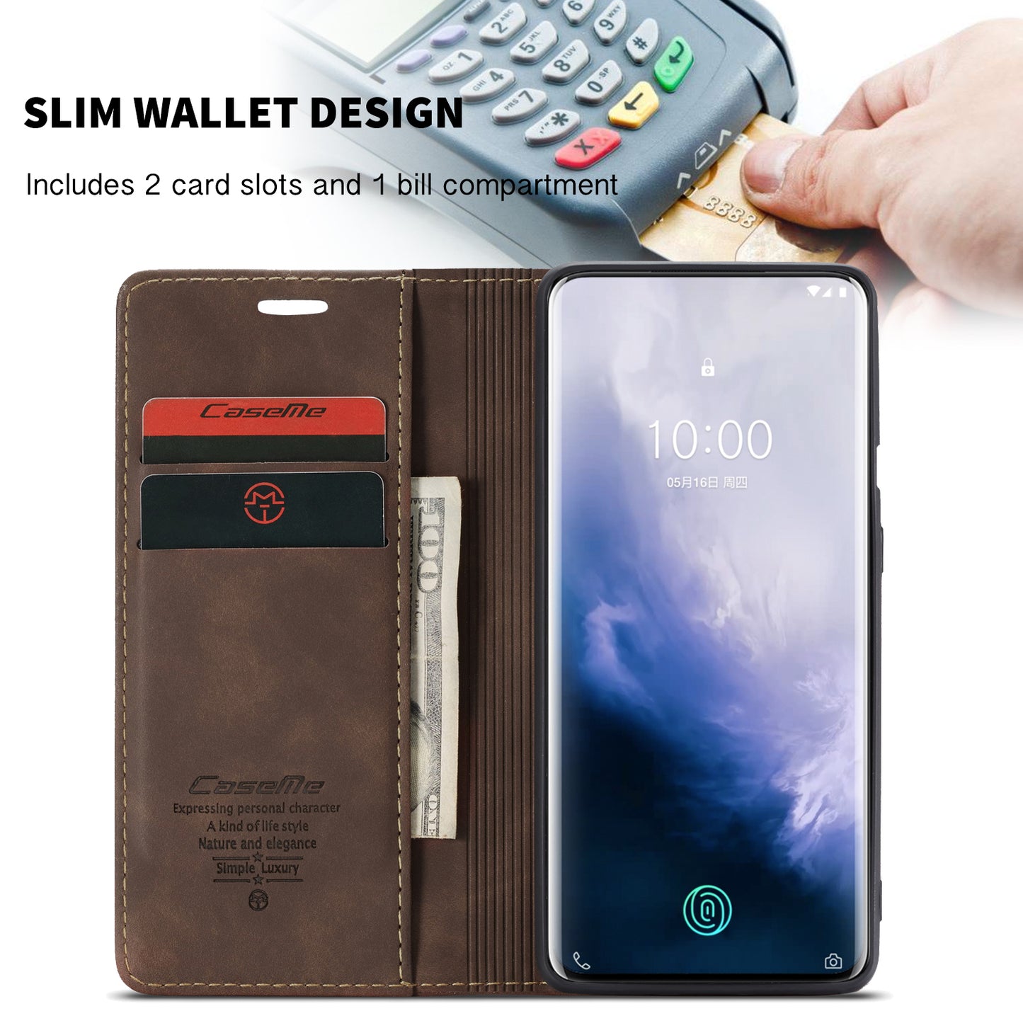 CASEME 013 Series for OnePlus 7 Pro Auto-absorbed Wallet Stand PU Leather Phone Cover