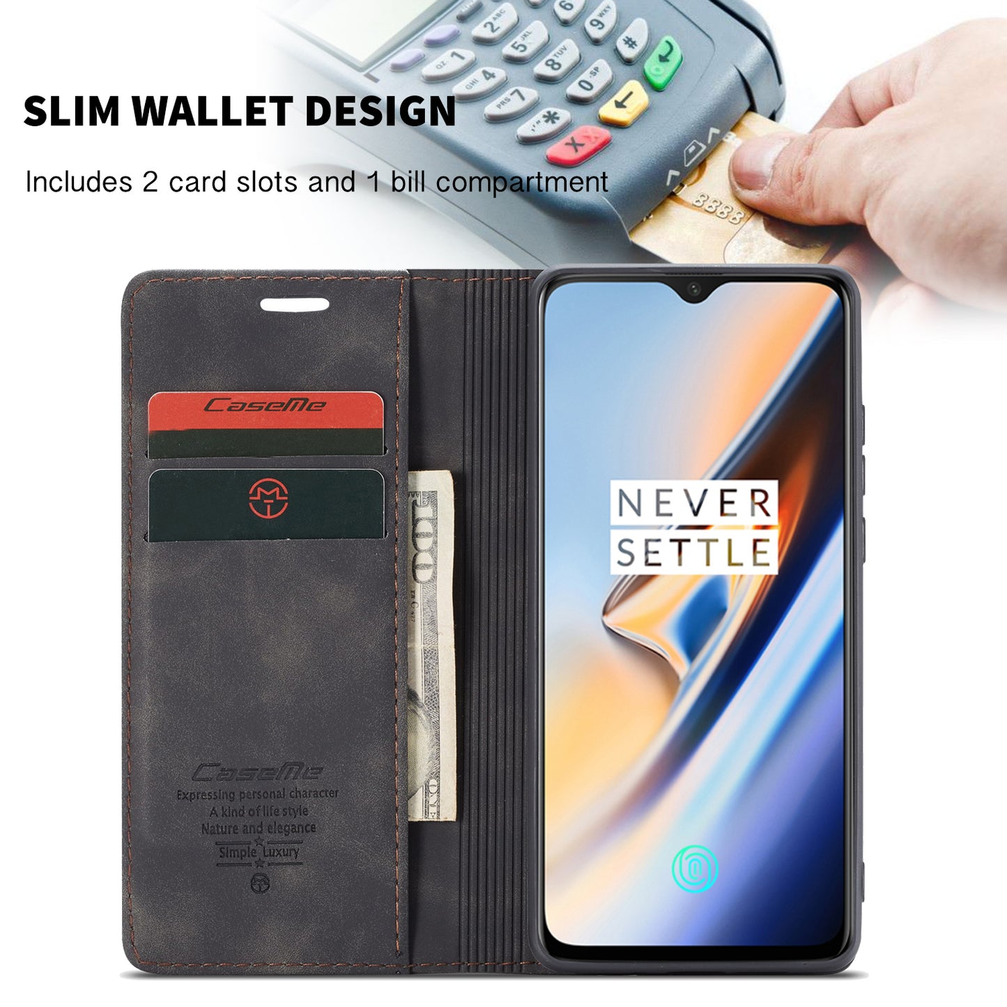 CASEME 013 Series Auto-absorbed Leather Flip Wallet Case for OnePlus 7