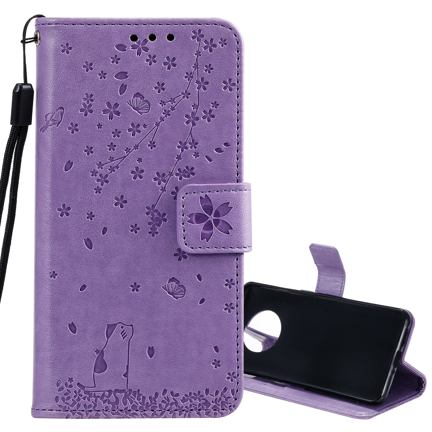 Imprint Flower and Cat Wallet Phone Flip Leather Shell for OnePlus 7T