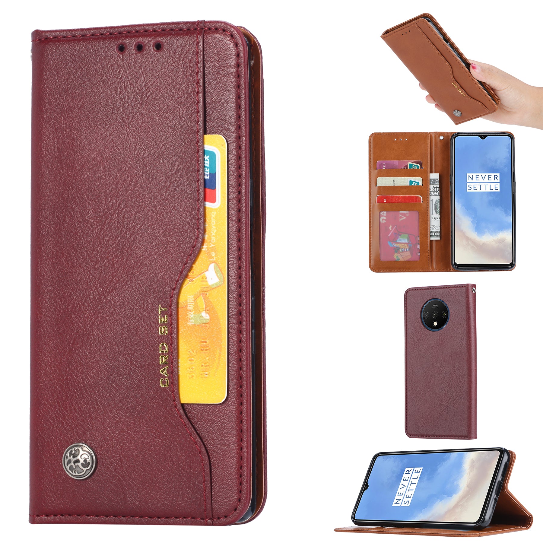 Auto-absorbed Wallet Stand Flip Leather Shell Case for OnePlus 7T