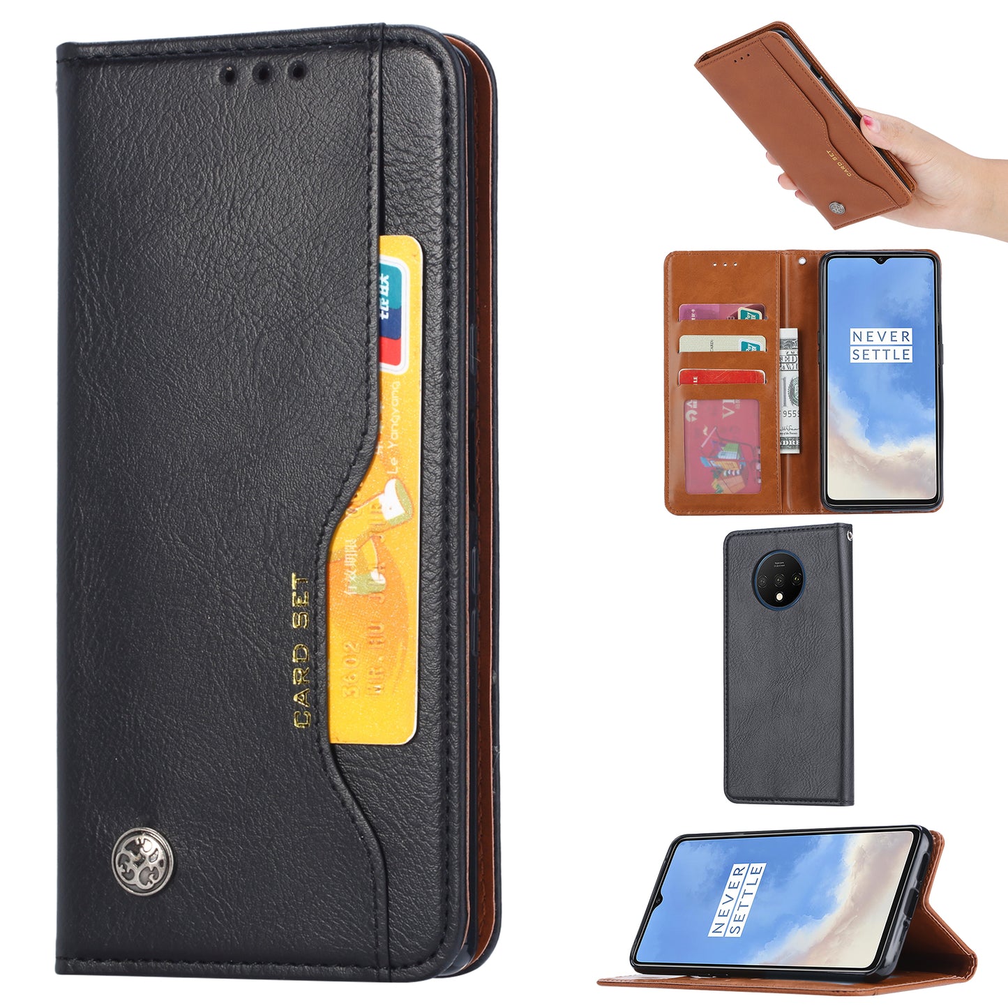 Auto-absorbed Wallet Stand Flip Leather Shell Case for OnePlus 7T