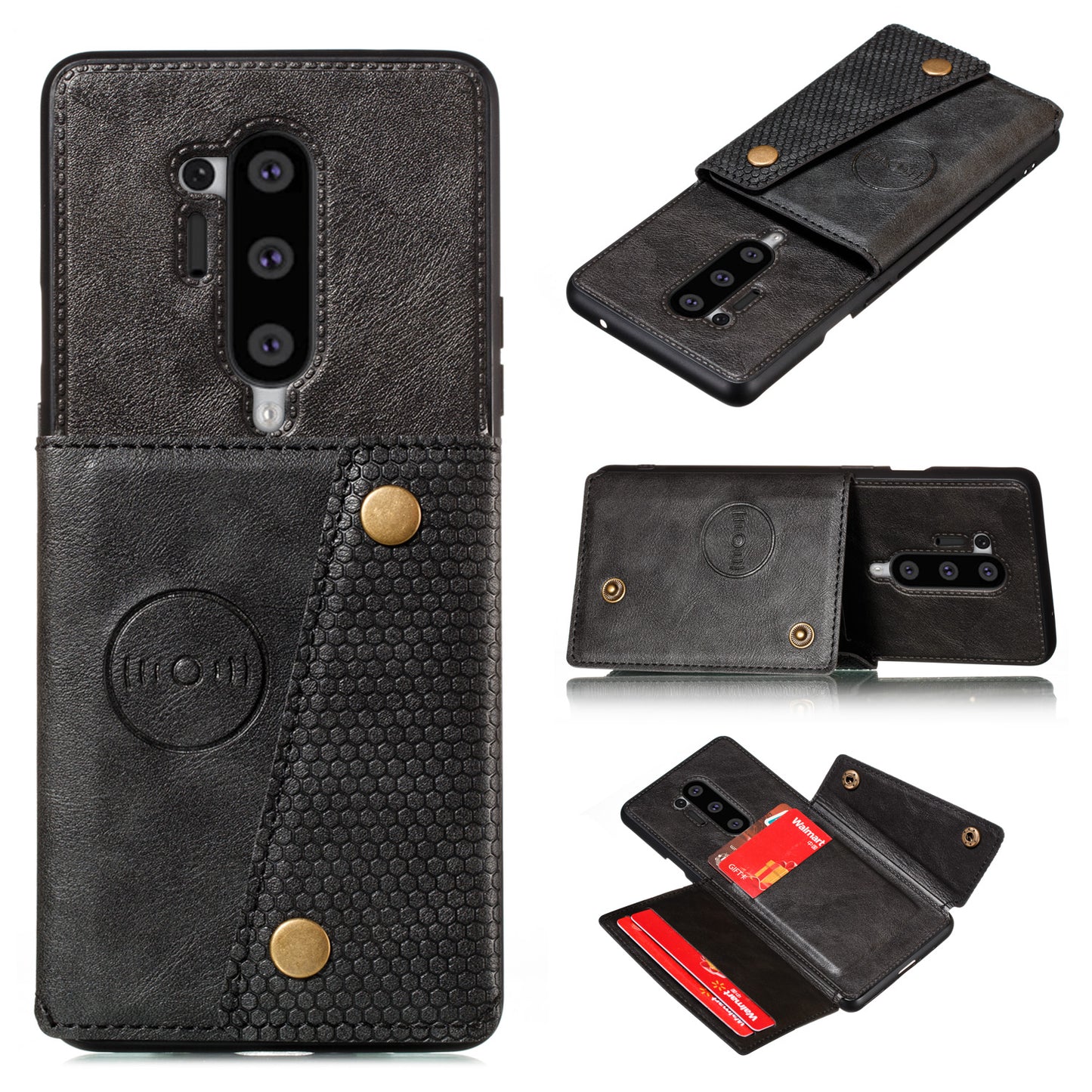 Kickstand Card Holder PU Leather Coated TPU Phone Case [Built-in Vehicle Magnetic Sheet] for OnePlus 8 Pro