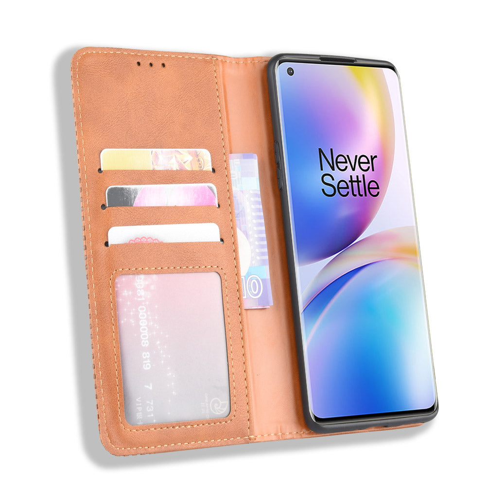 For OnePlus 8 Pro Vintage Auto-absorbed Leather Wallet Case with Stand