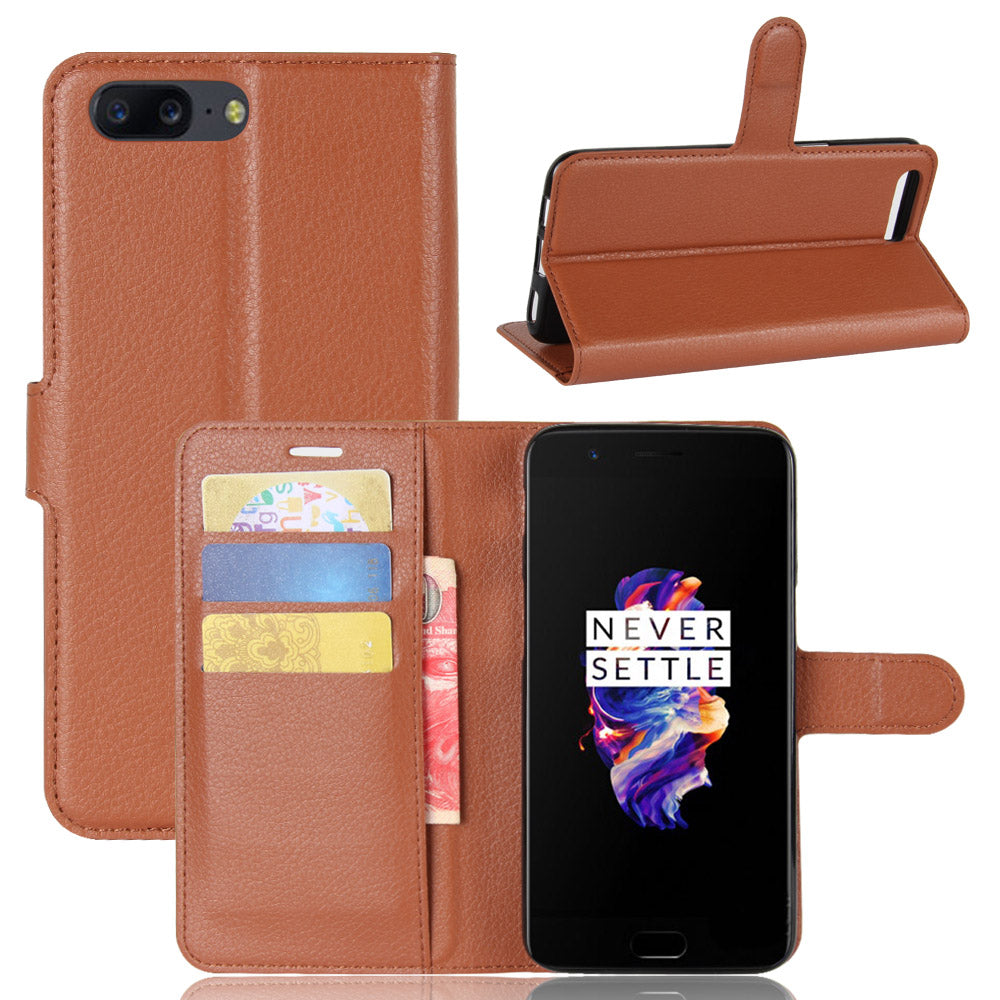 Litchi Skin PU Leather Wallet Stand Cell Phone Case for OnePlus 5