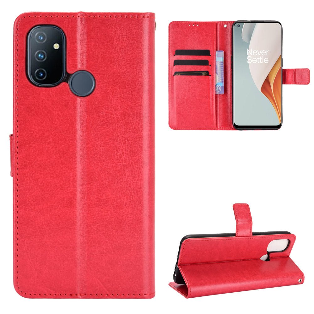 Crazy Horse Wallet Stand Leather Shell with Strap for OnePlus Nord N100 Cell Phone Accessory