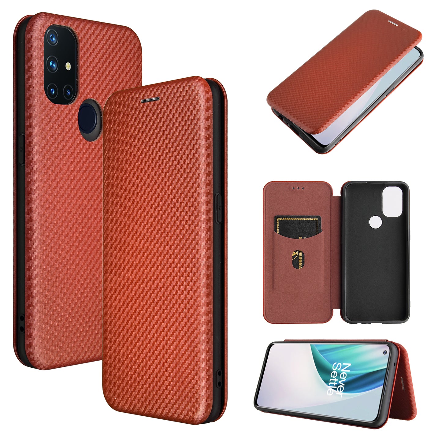 Auto-absorbed Anti-scratch Carbon Fiber Texture Covering for OnePlus Nord N10 5G Stand Leather Case