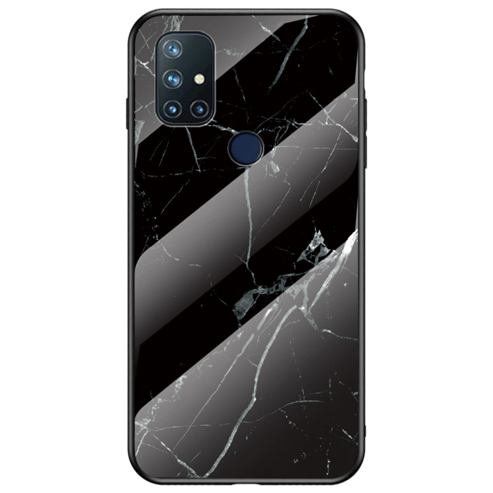 For OnePlus Nord N10 5G Marble Pattern Cover Soft TPU Frame Hard Tempered Glass + PC Back Impact Phone Case