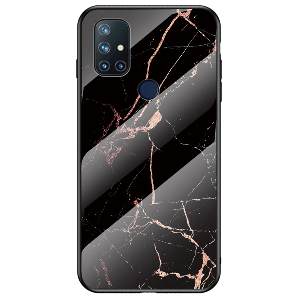 For OnePlus Nord N10 5G Marble Pattern Cover Soft TPU Frame Hard Tempered Glass + PC Back Impact Phone Case