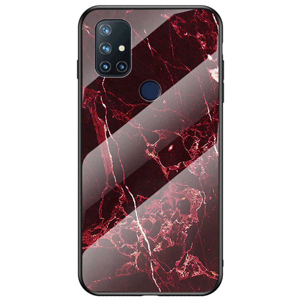 For OnePlus Nord N10 5G Marble Pattern Cover Soft TPU Frame Hard Tempered Glass + PC Back Impact Phone Case