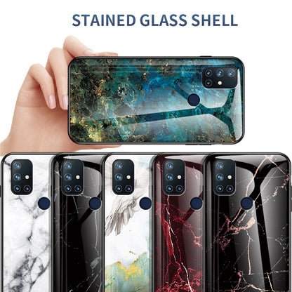 For OnePlus Nord N10 5G Marble Pattern Cover Soft TPU Frame Hard Tempered Glass + PC Back Impact Phone Case