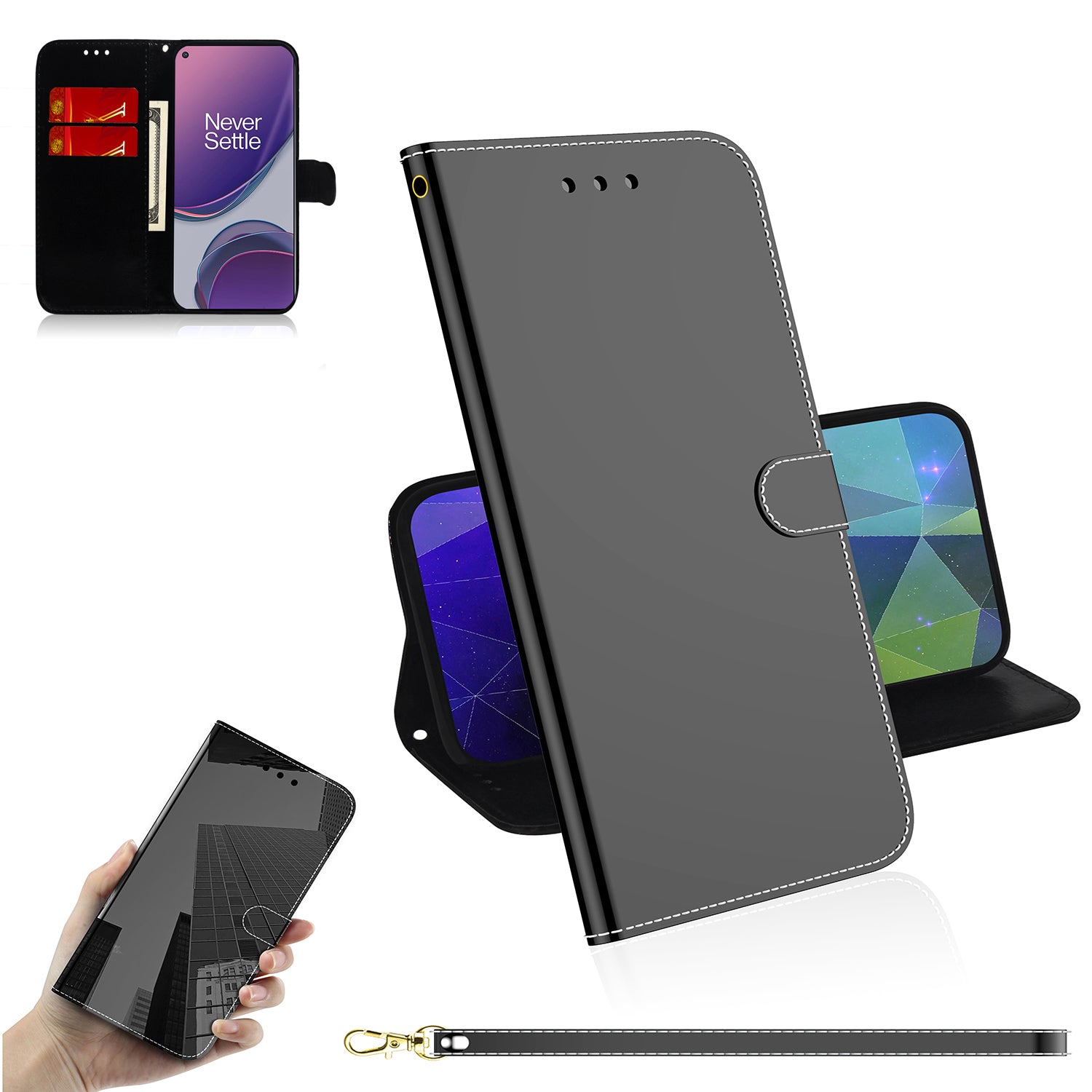 Mirror-like Surface Wallet Phone Stand Leather Case for OnePlus 8T