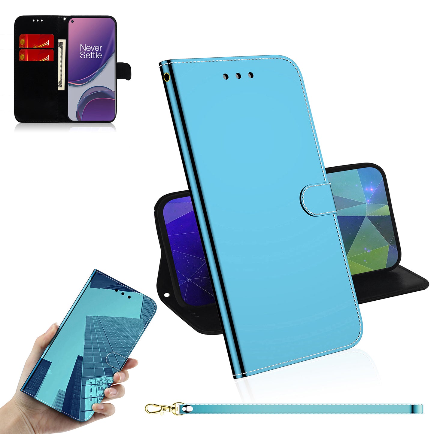 Mirror-like Surface Wallet Phone Stand Leather Case for OnePlus 8T