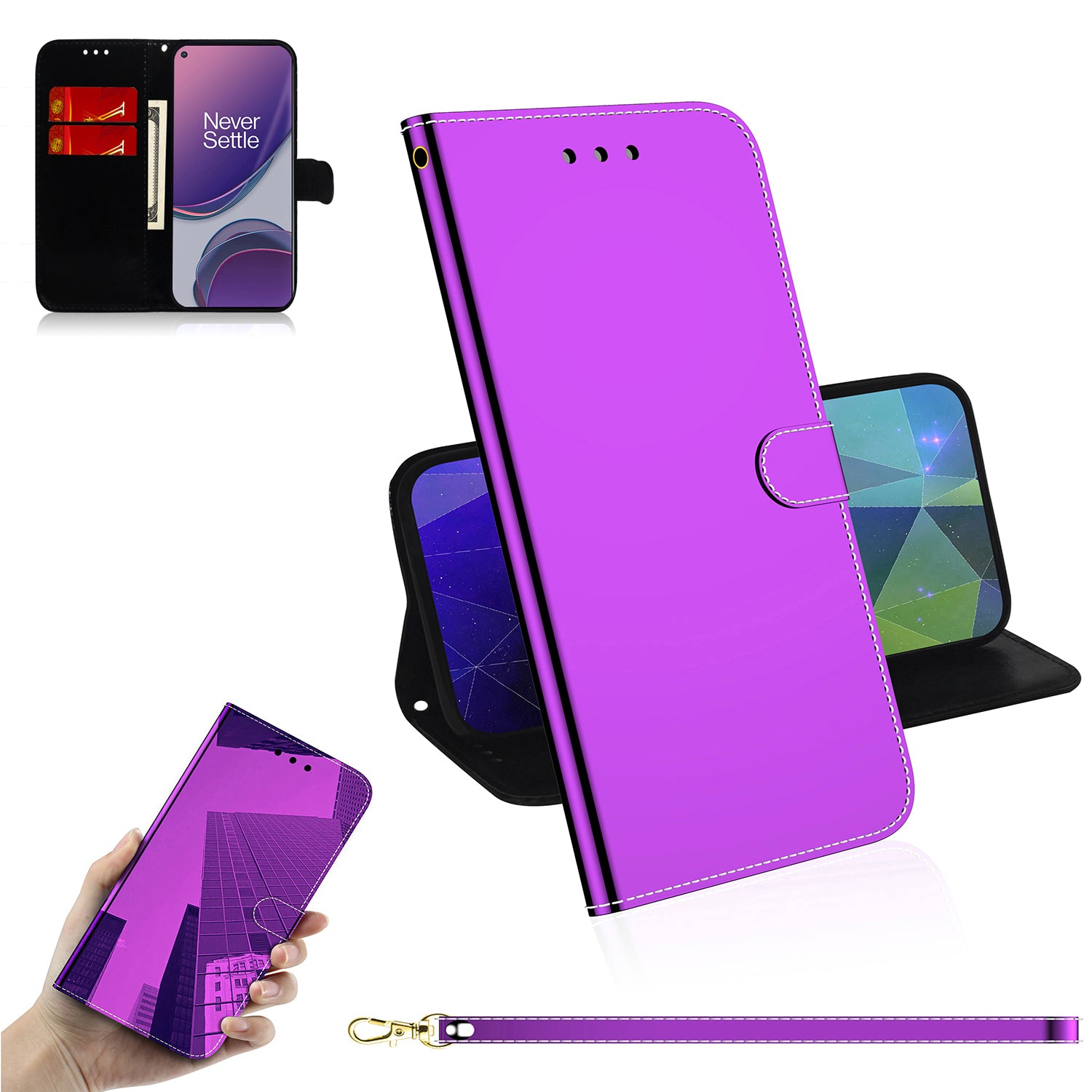 Mirror-like Surface Wallet Phone Stand Leather Case for OnePlus 8T