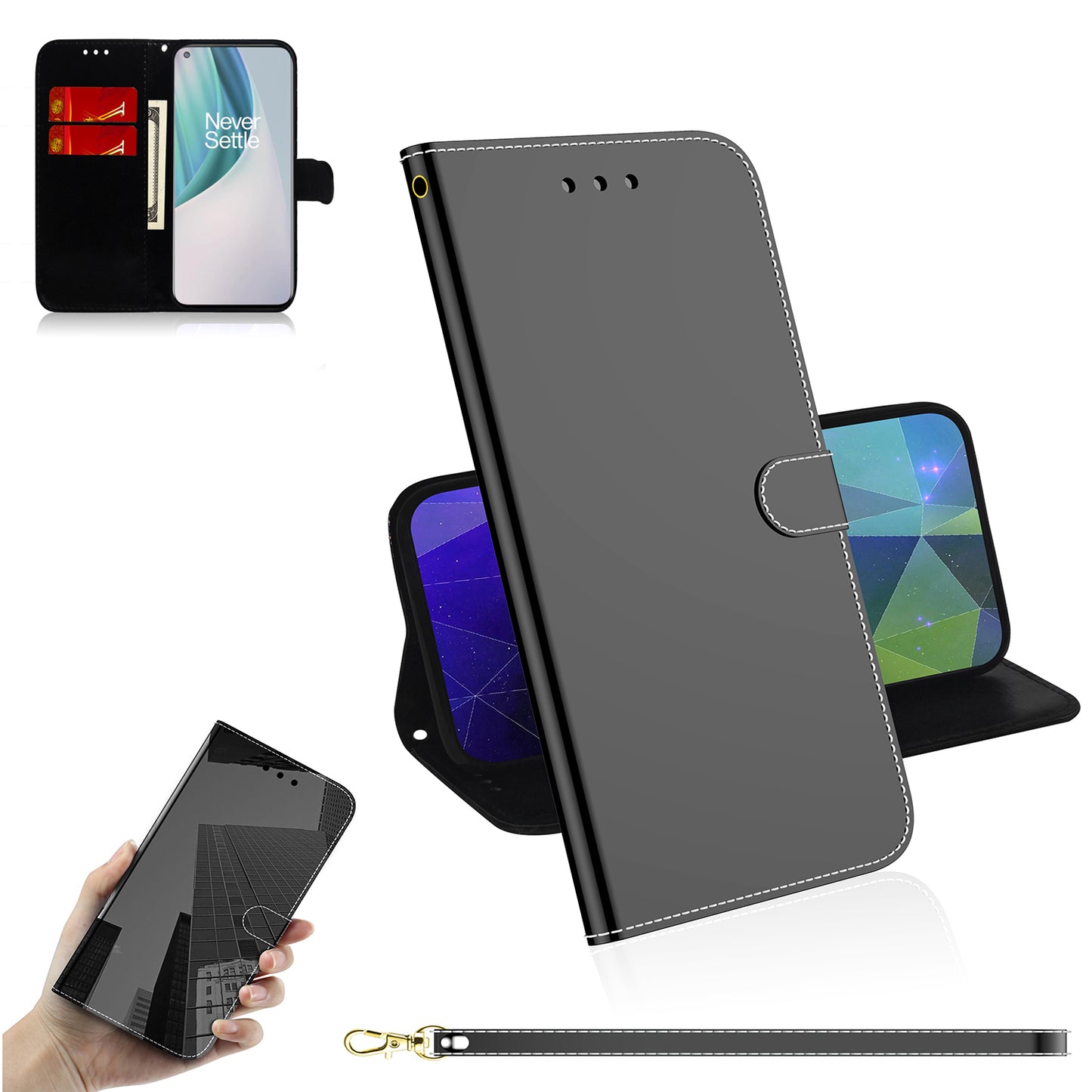 Mirror-like Surface Wallet Stand Leather Case for OnePlus Nord N10 5G